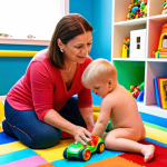 **Prompt:** JJ's mom lovingly teaching him to share toys in a bright, colorful playroom.