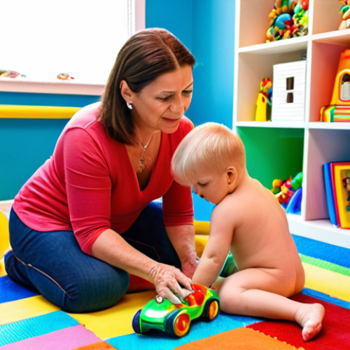 **Prompt:** JJ's mom lovingly teaching him to share toys in a bright, colorful playroom.