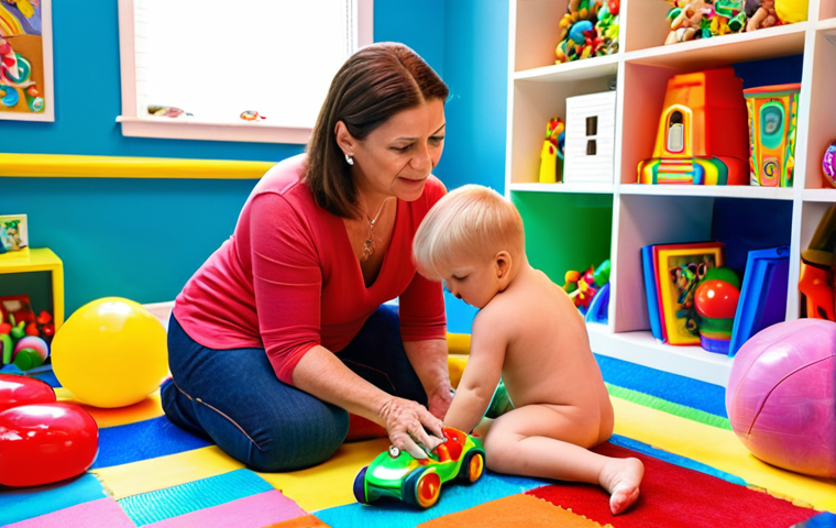 **Prompt:** JJ's mom lovingly teaching him to share toys in a bright, colorful playroom.