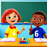 A vibrant, cheerful cartoon scene featuring three animated child characters in the distinctive Cocomelon style. They are fully clothed in modest, brightly colored, appropriate attire. The characters are in a minimalist, vivid classroom setting with large, simple shapes representing numbers and letters. They are actively engaged in a joyful learning activity, pointing at primary-colored objects. High contrast, saturated colors, exaggerated friendly expressions, and large engaging eyes define the style. safe for work, appropriate content, fully clothed, family-friendly, perfect anatomy, correct proportions, natural pose, well-formed hands, proper finger count, natural body proportions, professional image.