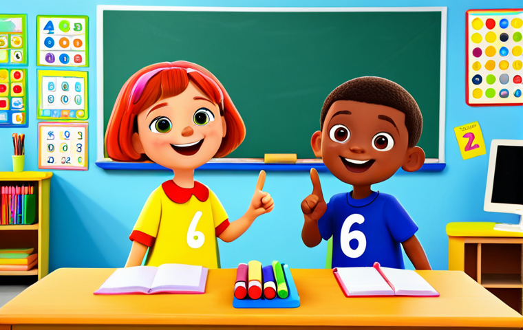 A vibrant, cheerful cartoon scene featuring three animated child characters in the distinctive Cocomelon style. They are fully clothed in modest, brightly colored, appropriate attire. The characters are in a minimalist, vivid classroom setting with large, simple shapes representing numbers and letters. They are actively engaged in a joyful learning activity, pointing at primary-colored objects. High contrast, saturated colors, exaggerated friendly expressions, and large engaging eyes define the style. safe for work, appropriate content, fully clothed, family-friendly, perfect anatomy, correct proportions, natural pose, well-formed hands, proper finger count, natural body proportions, professional image.