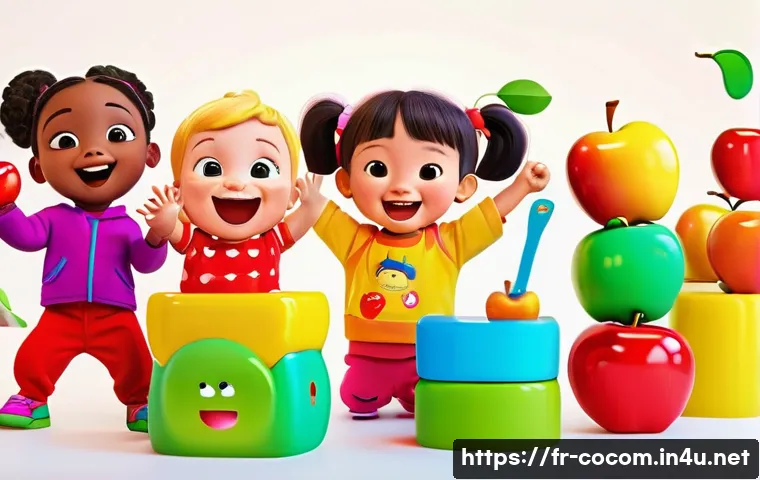 코코멜론과 빙고 BINGO  노래 비교 - **Vibrant Cocomelon-style Learning Scene:** A group of diverse, happy toddlers and young children, d...