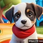 코코멜론에 등장하는 동물 캐릭터 특징 - A colorful, friendly cartoon puppy wearing a bright red collar, showing a clear, expressive face wit...