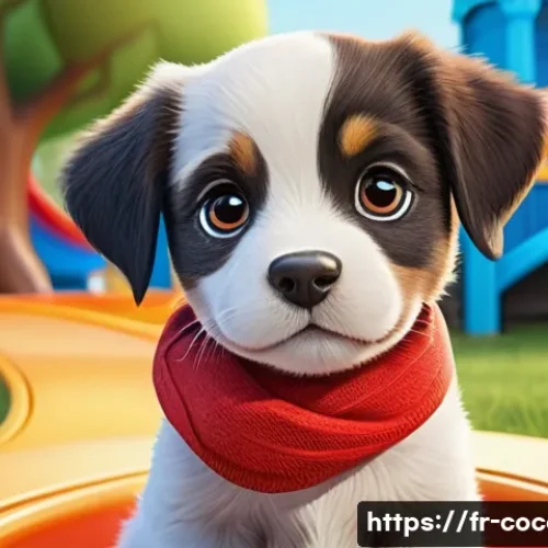 코코멜론에 등장하는 동물 캐릭터 특징 - A colorful, friendly cartoon puppy wearing a bright red collar, showing a clear, expressive face wit...