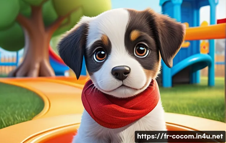 코코멜론에 등장하는 동물 캐릭터 특징 - A colorful, friendly cartoon puppy wearing a bright red collar, showing a clear, expressive face wit...