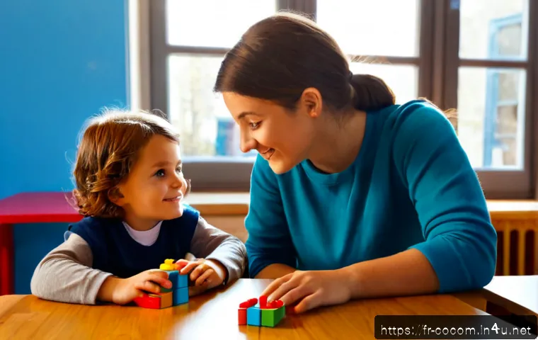 코코멜론 스토리 속 가르침 - Photorealistic French preschool classroom, two fully clothed young children gently taking turns with...